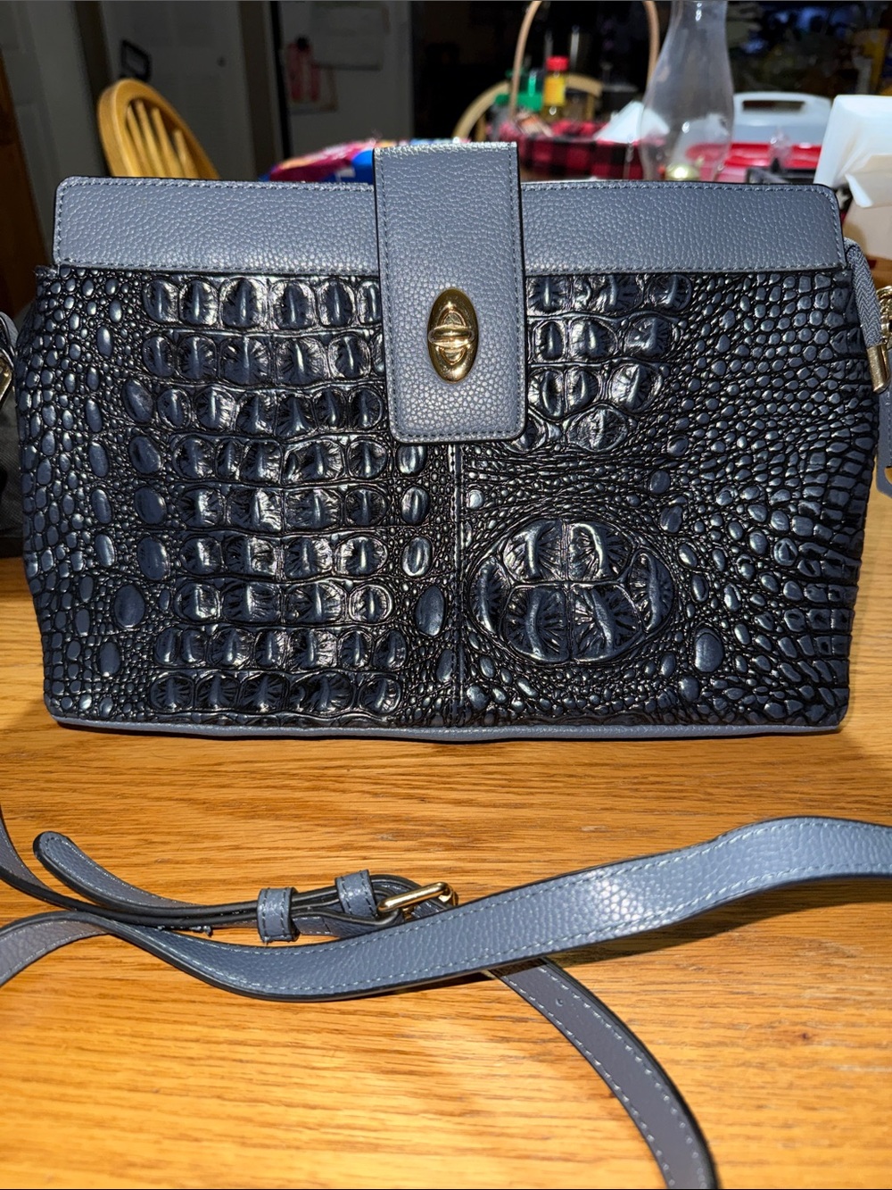 MC Croc-Embossed Crossbody Bag in Black and Slate Blue & Burgandy
